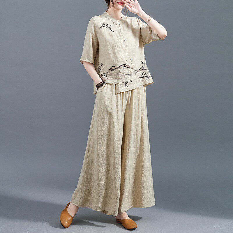 套装女夏季2025年新款文艺刺绣阔腿裤两件套