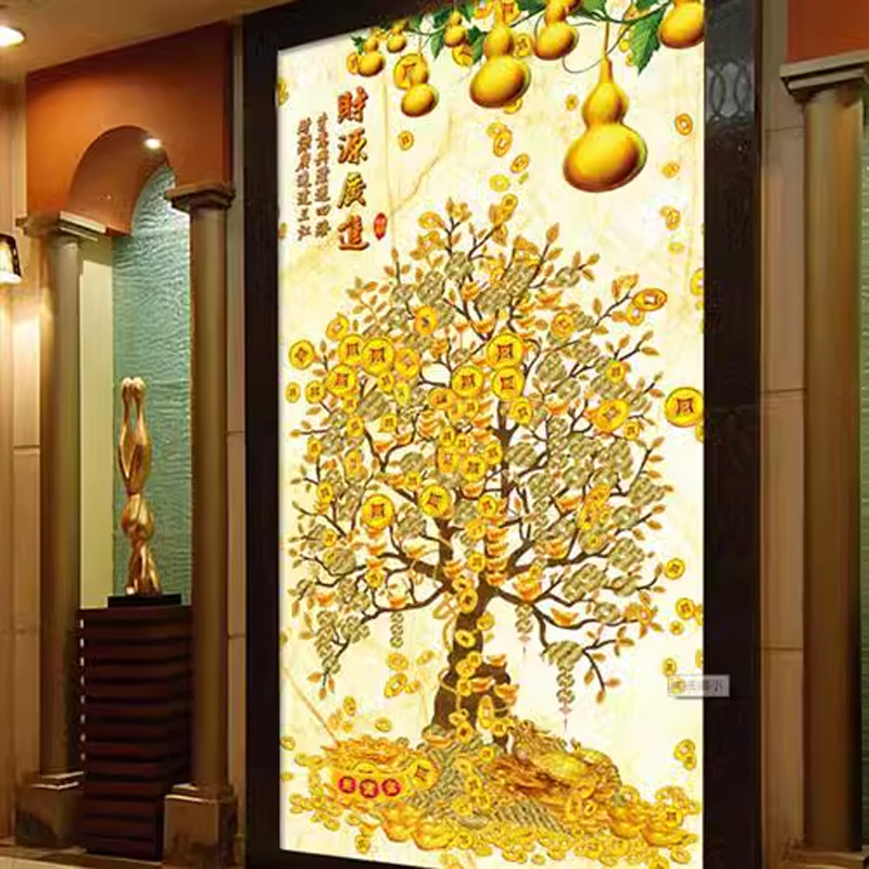 3D立体发财树玄关背景墙壁纸8D墙纸餐厅走廊过道壁画客厅竖版墙布
