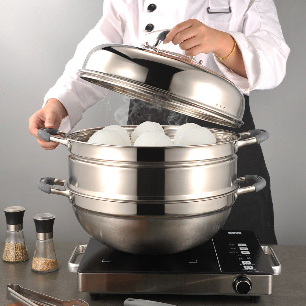 创宇家家亮SUS304多用不锈钢蒸炒锅加厚复底36燃气电磁炉通用包邮