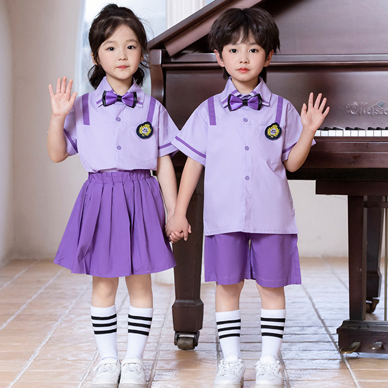 新品小学生英伦风短袖衬衫套装男女童园服幼儿园班服六一表演服啦