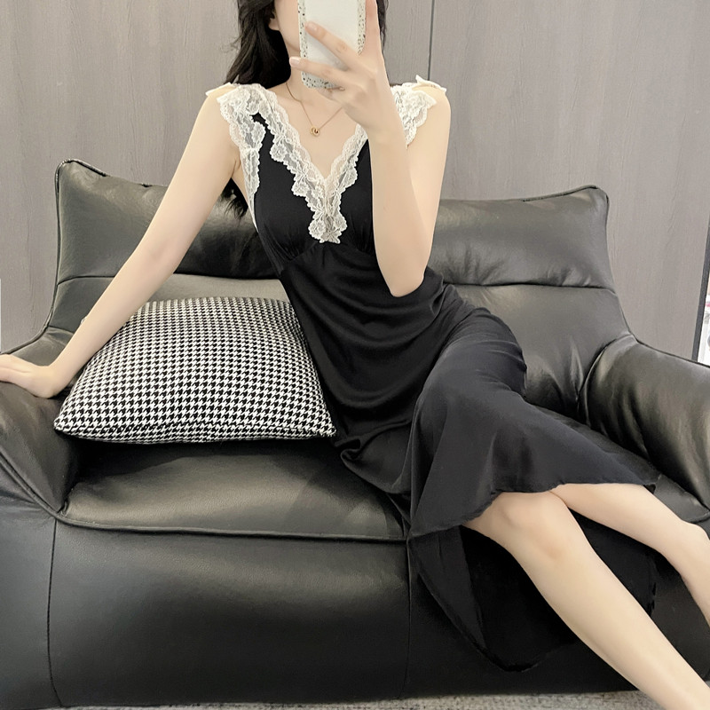 新品性感睡衣女夏季冰丝法式长款睡裙带胸垫蕾丝高级感夏天丝绸家