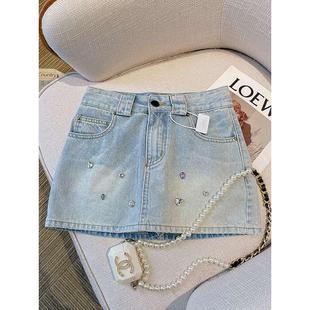 美式牛仔女夏2024新款短款裙裤带钻a字小个子