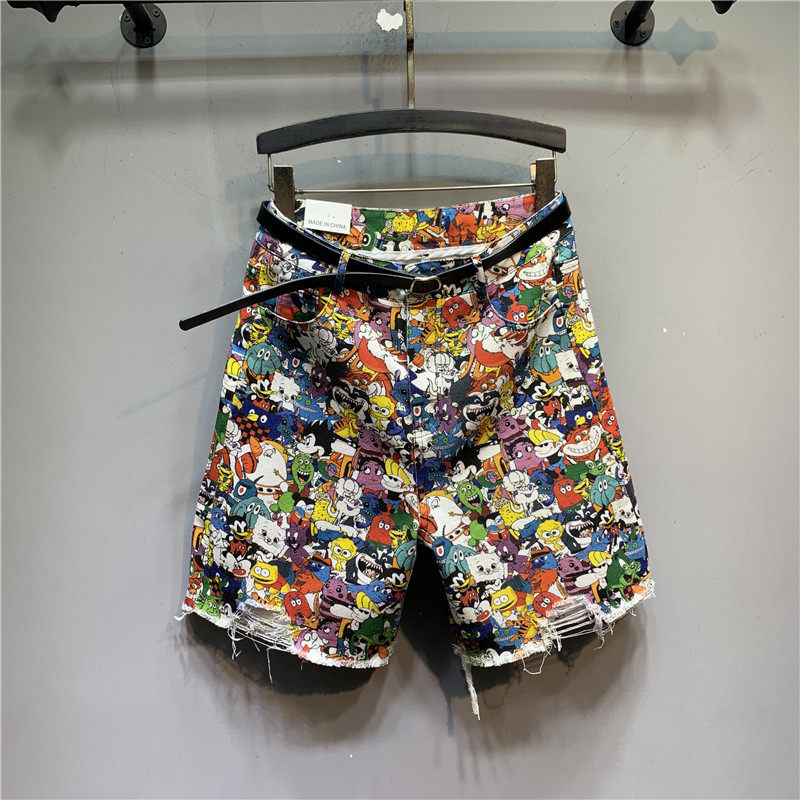 韩版2024夏季新款卡通印花牛仔五分裤宽松破洞碎花阔腿中裤女