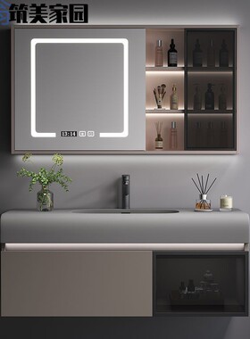 xjb卡其灰深色脸盆轻奢可丽耐一体盆浴室柜组合卫生间洗手简约洗