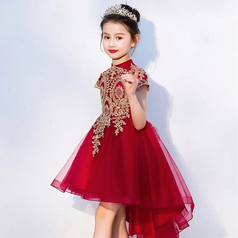 儿童2025春夏小女孩生日中国风蓬蓬裙红演出晚