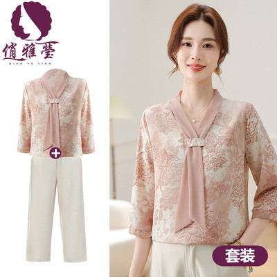 50多岁妈妈洋气裙子沙滩高知分子母亲节妈妈装气质小衫两件套2025