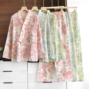 家居服套装 25轻奢新款 纱布长袖 日系和服睡衣女春夏季 国风宽松 薄款