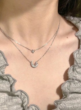 双层叠戴星月项链女生纯银999轻奢小众高级感锁骨链2025新款爆款