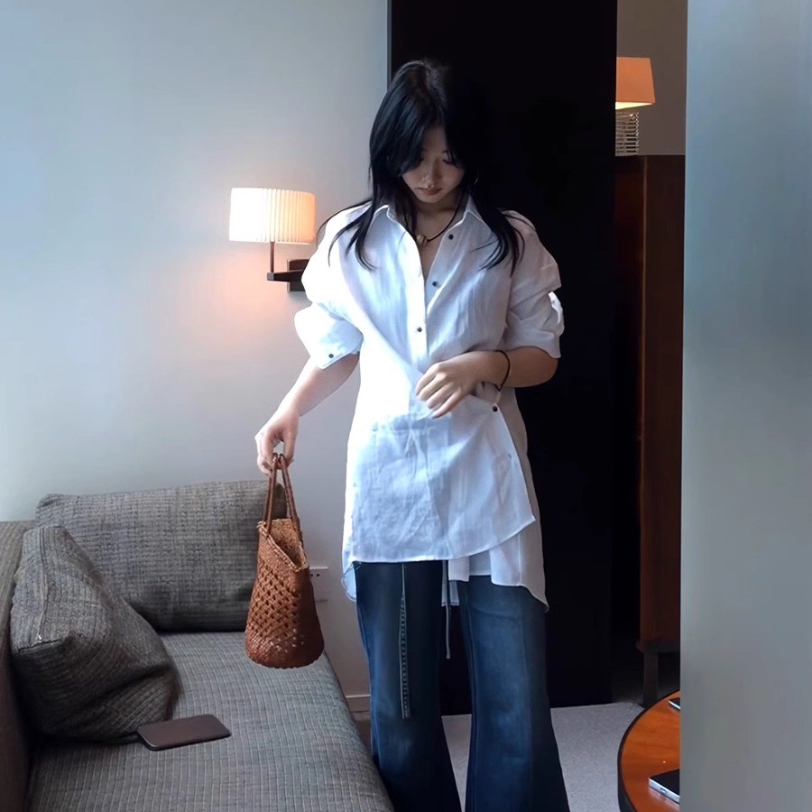 推荐松弛感纸片人亚麻衬衫女2025年春夏新款宽松百搭收腰长袖防晒