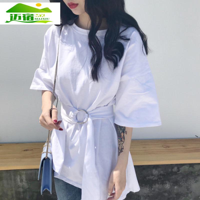 短袖女2025新款韩版不规则中长款宽松t恤裙收腰系带上衣学生百搭