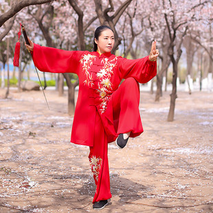 新款马蕾太极服气功练功服男武术表演服女中国夏秋晨练服刺绣昙花