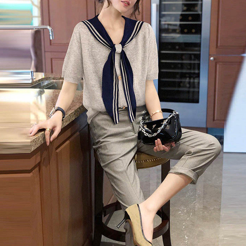 新品欧货洋气别致小衫设计感海军领撞色短袖t恤休闲简约百搭通勤