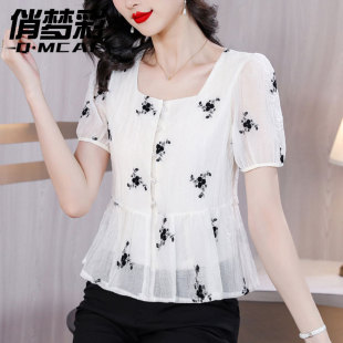 夏季 新品 女2025新款 小個子雪紡上衣洋氣減齡高端氣質(zhì)短袖 收腰襯衫