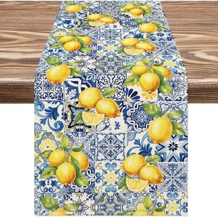 Holiday Lemon Tiles Linen Summer Party Runner Table Decor