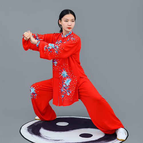 马蕾太极服红色女式新款春刺绣太极服男款丝麻武术练功表演服定制