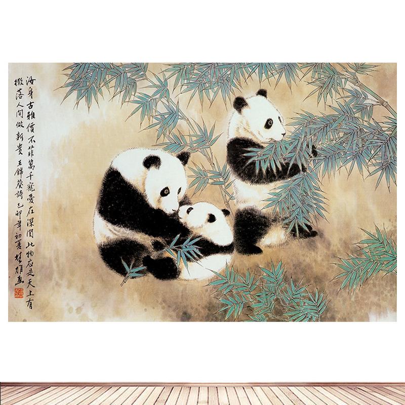 动物图案国宝客厅卧室墙贴装饰画新中式三只熊猫国画竹子自粘壁画图片