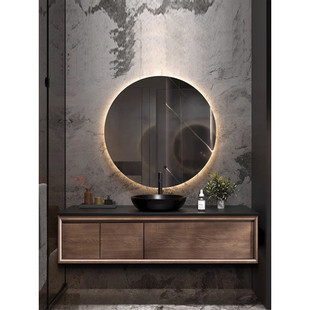 卫生间中古风浴室柜洗漱台组合法式岩板热弯一体盆橡木洗手台盆柜