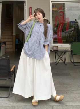 大码胖mm韩系复古花边格子喇叭袖衬衫女装宽松白色半身裙两件套装