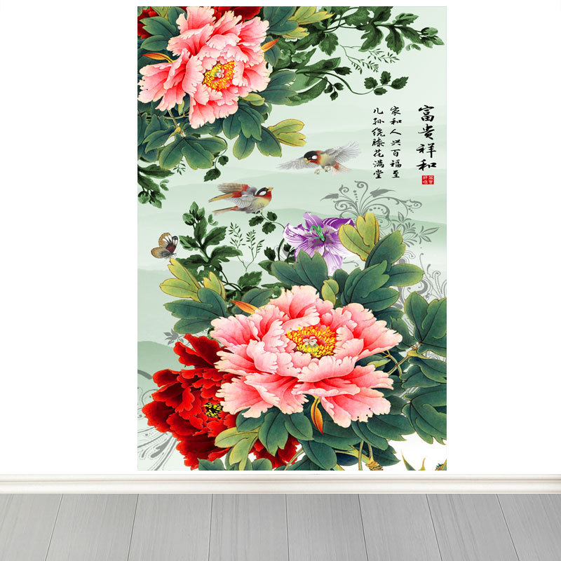 竖版花开富贵吉祥图客厅玄关卧室背景墙牡丹风景装饰画自粘墙贴画图片