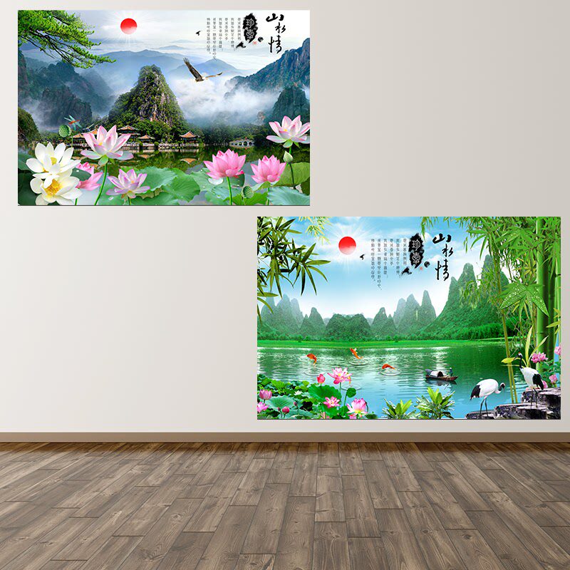 江南风景山水情画报新中式客厅墙贴自粘防水装饰壁画有框横版挂画