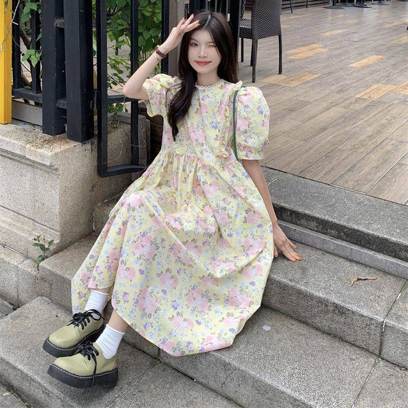 大码300斤胖mm2025夏季新款甜美减龄木耳边宽松显瘦碎花连衣裙女