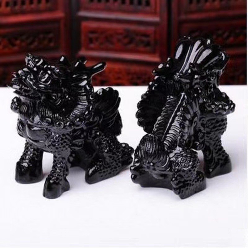 天然黑曜石摆设客厅家居家装玄关麒麟送子摆饰玉石麒麟麒麟摆件
