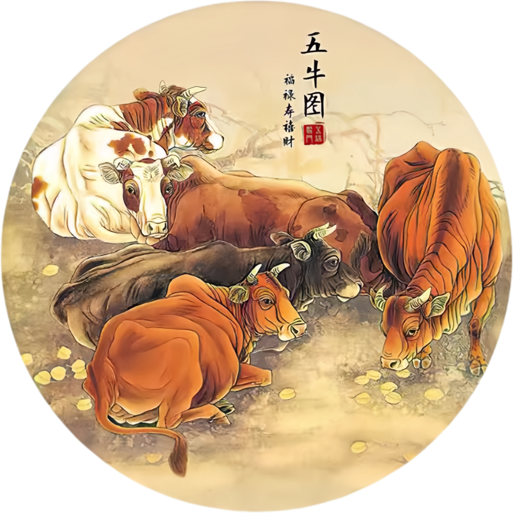 新中式圆形五牛图扭转乾坤装饰贴画客厅卧室办公室墙面贴饰防水图片