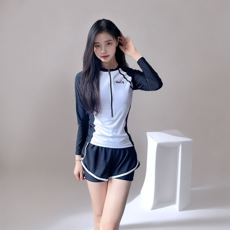 2025新款游泳衣女分体保守学生高级感长袖运动风温泉防走光平角裤