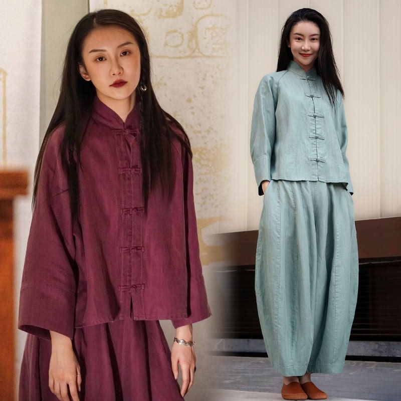 现货棉麻女装禅意风套装高级天丝麻茶服寺院拜佛修行素衣居士服禅