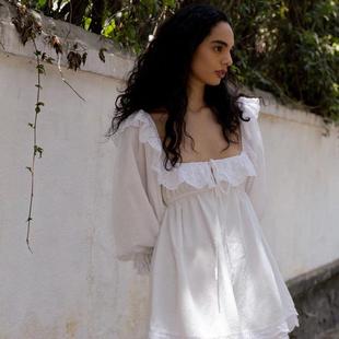 法式初恋裙方领泡泡袖蕾丝荷叶边小白裙2025夏收腰显瘦A字