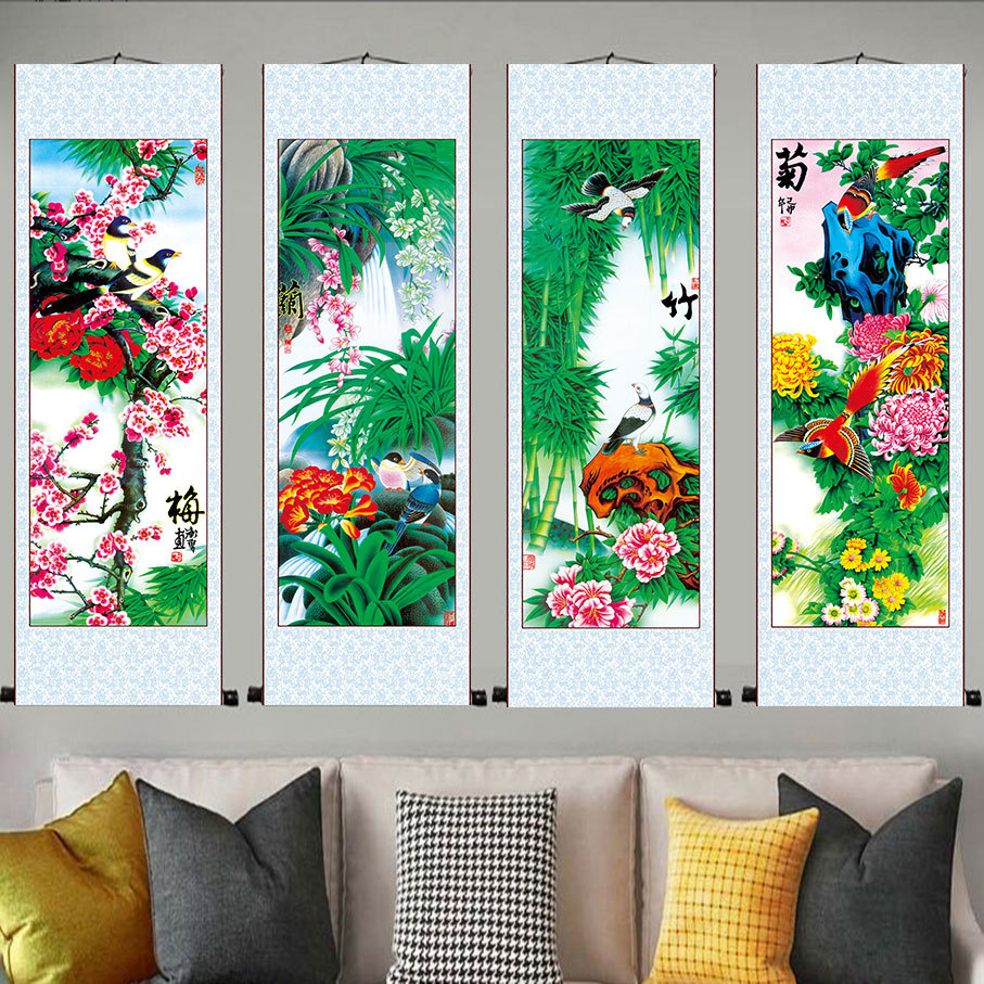 新中式梅兰竹菊油画布挂画客厅玄关挂画