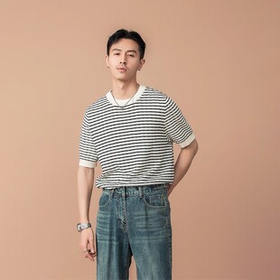 现货2025轻熟风夏季 舒适圆领针织毛衣男士 潮流休闲百搭条纹短袖