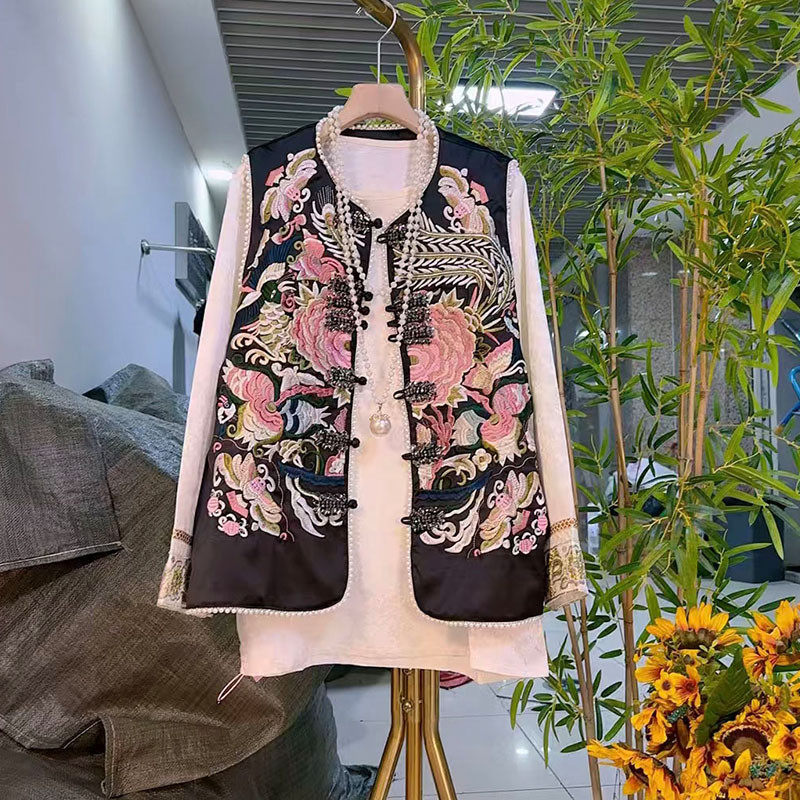 新中式大码2025春季新款国风花开富贵亮钻盘扣马甲小衫两件套,女装/女士精品,大码套装,淘宝优惠券,粉丝福利购,淘宝优惠卷