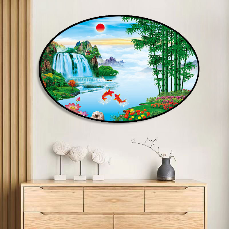 现代简约玄关装饰画山水风景画客厅走廊椭圆形创意墙壁画入户横版图片