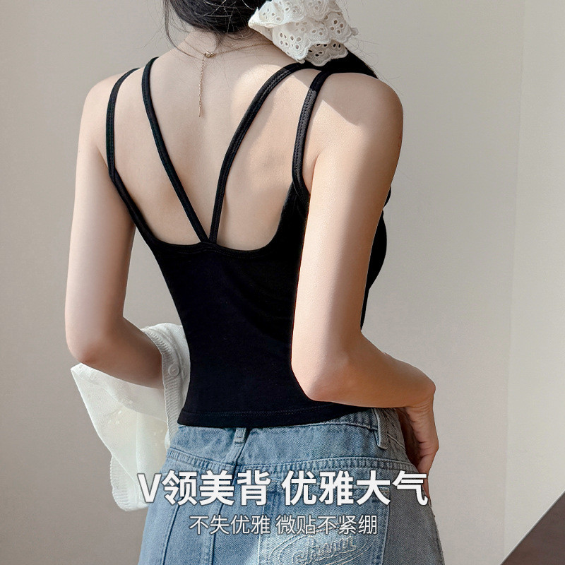 纯棉双肩带美背小吊带女士打底内搭带胸垫固定一体杯性感背心