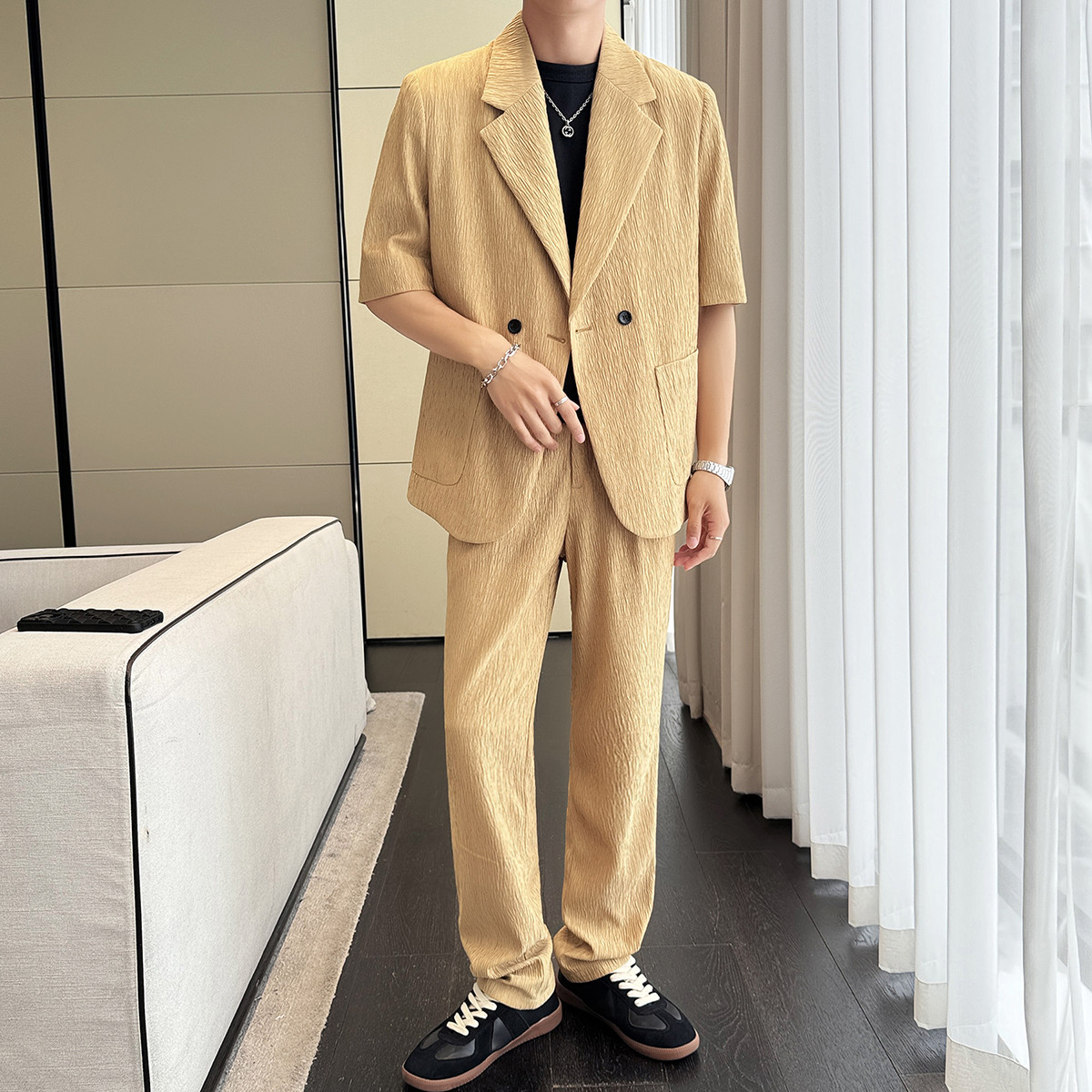 推荐冰丝垂感短袖西服套装男夏季薄款微阔版型舒适百搭休闲西装两