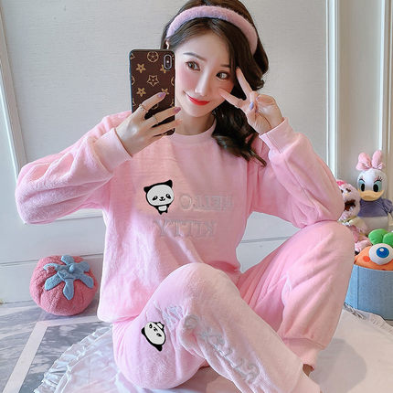 珊瑚绒睡衣女秋冬款加绒加厚保暖冬季法兰绒可爱少女家居服套装