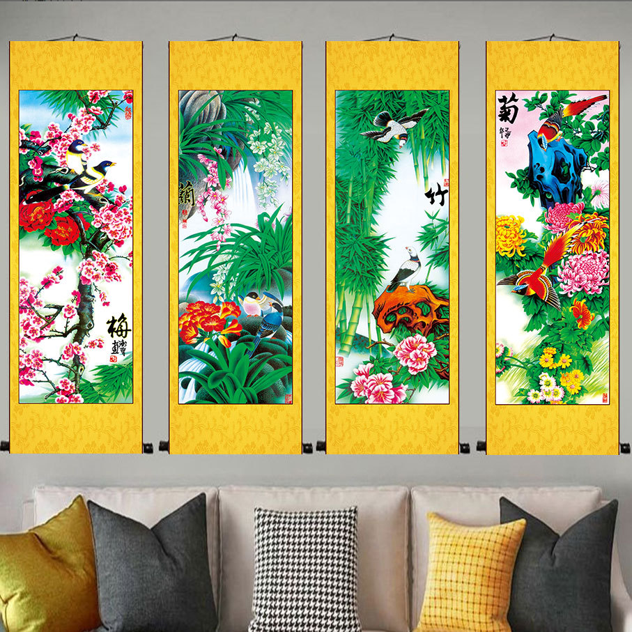 新中式梅兰竹菊油画布挂画客厅玄关挂画