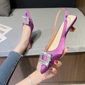 新款 凉鞋 包头一字扣水钻方扣高跟鞋 夏季 细跟低跟尖头百搭浅口女鞋