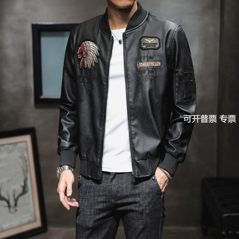 男式pu皮衣棒球领刺绣机车服2021春秋男式休闲潮流皮夹克