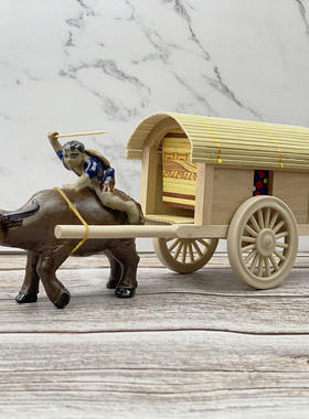 家居摆件实木木制工艺品客厅桌面电视柜博古架装饰品礼品牛拉木车