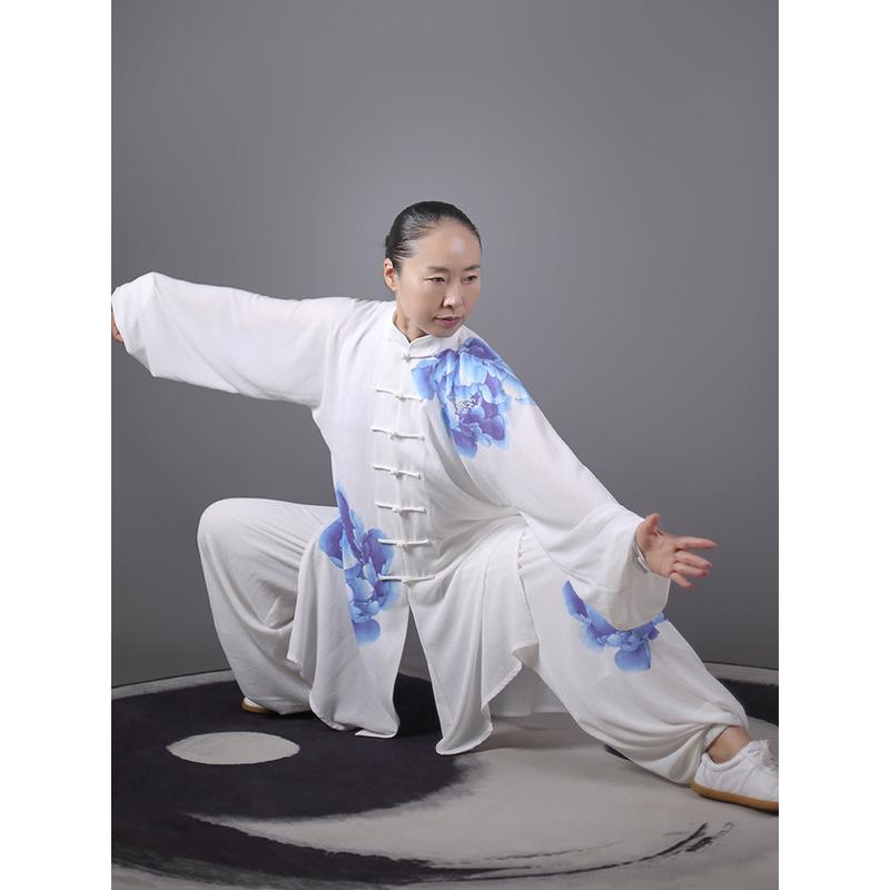 马蕾太极夏季中长款洒银丝麻太极表演服女式武术练功服彩绘蓝牡丹
