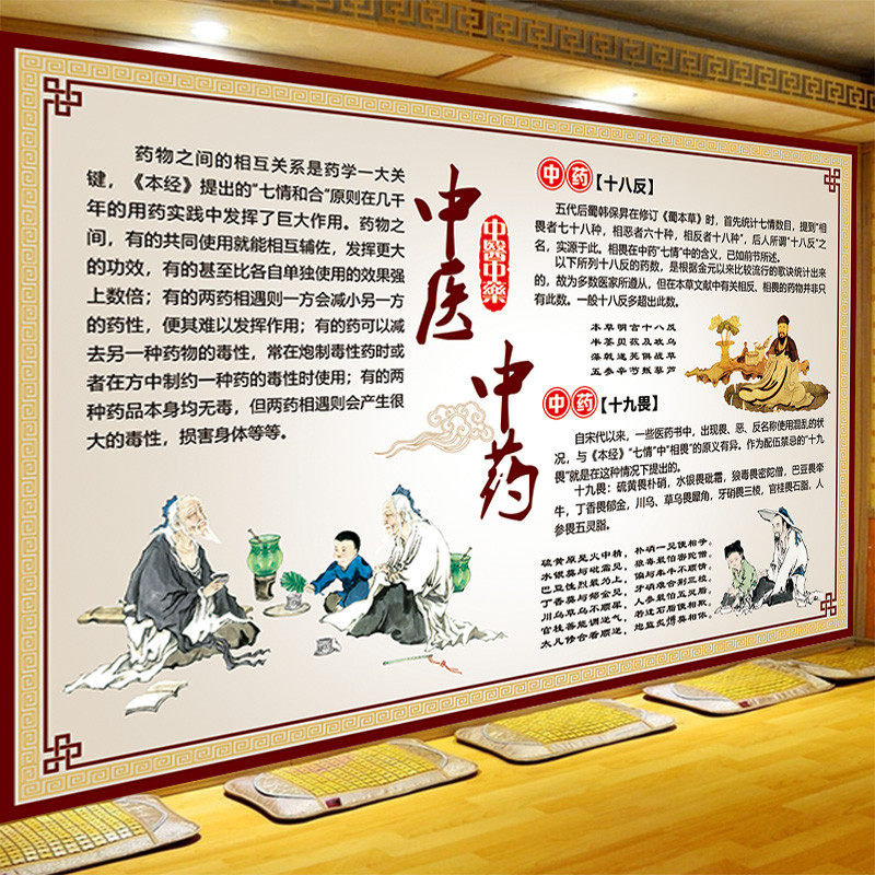 中药文化墙纸中医馆诊所中药店铺背景墙装饰壁画十八反十九畏壁纸