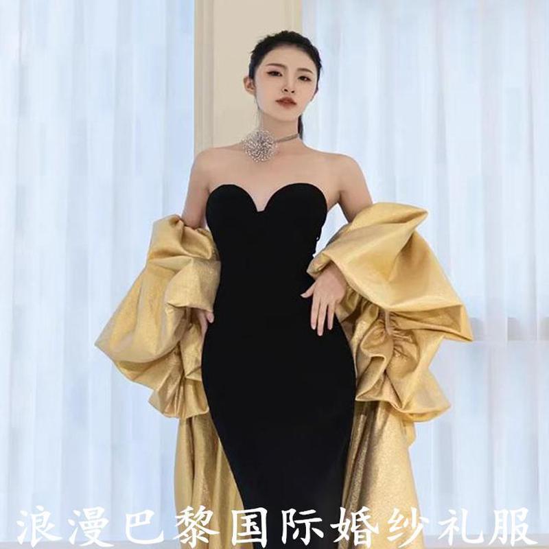 新品黑色抹胸晚礼服2025时尚气质披肩两穿拖尾舞台表演走秀演出礼