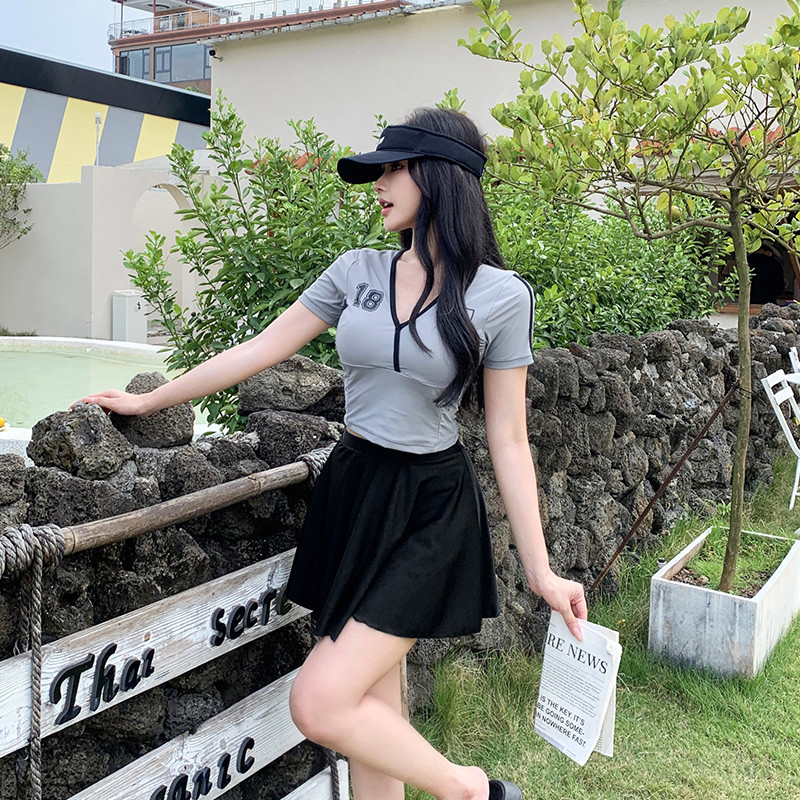 轻奢高货泳衣女分体裙式高腰短袖运动保守学生大码胖mm200斤显瘦