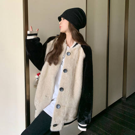 冬季撞色拼接毛毛棒球服外套女胖mm特大码韩版设计感时尚减龄棉衣