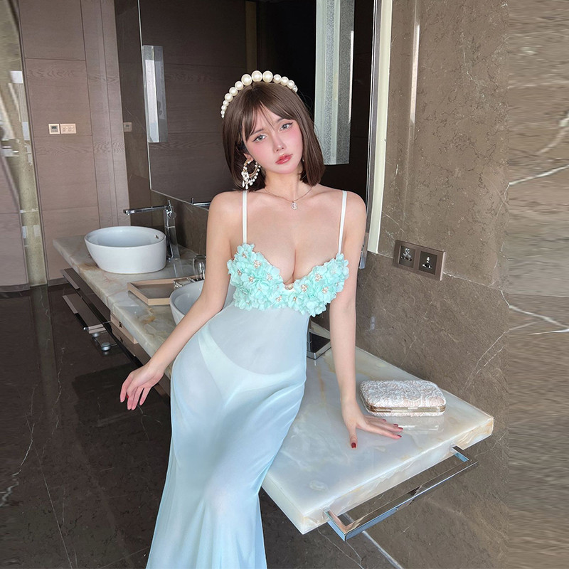 轻奢高货夜点女装性感纯手工烫花网纱透视夜场足浴柔试工作服吊带