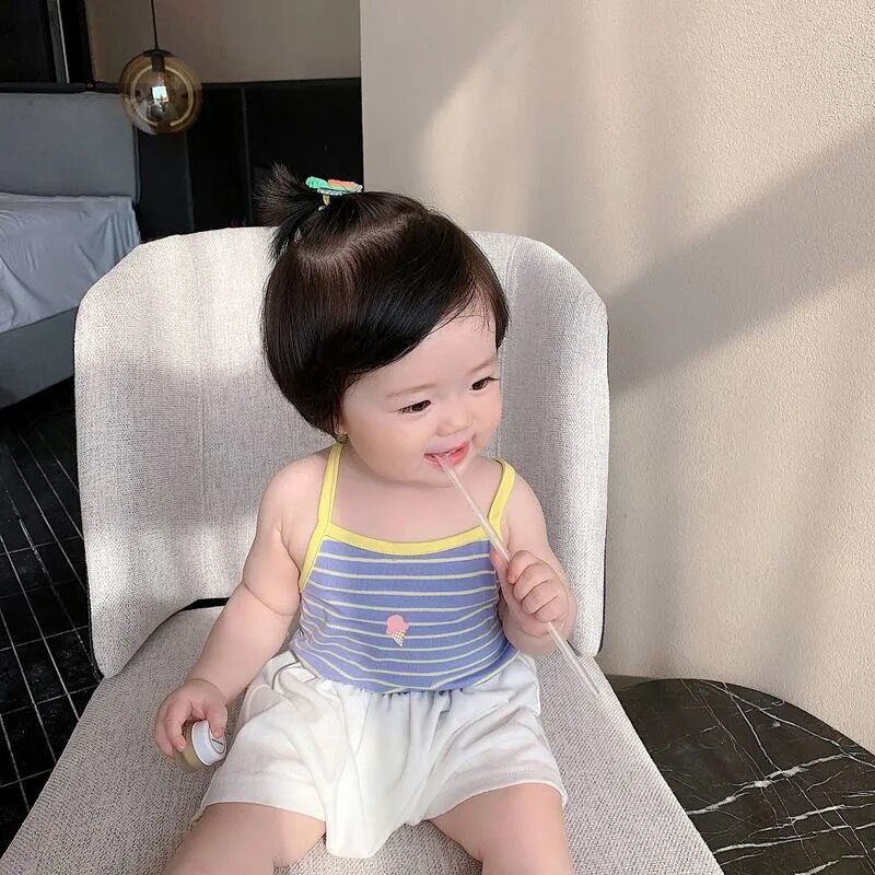 2025新款夏季宝宝交叉吊带衫可外穿条纹可爱女童上衣小背心T恤潮
