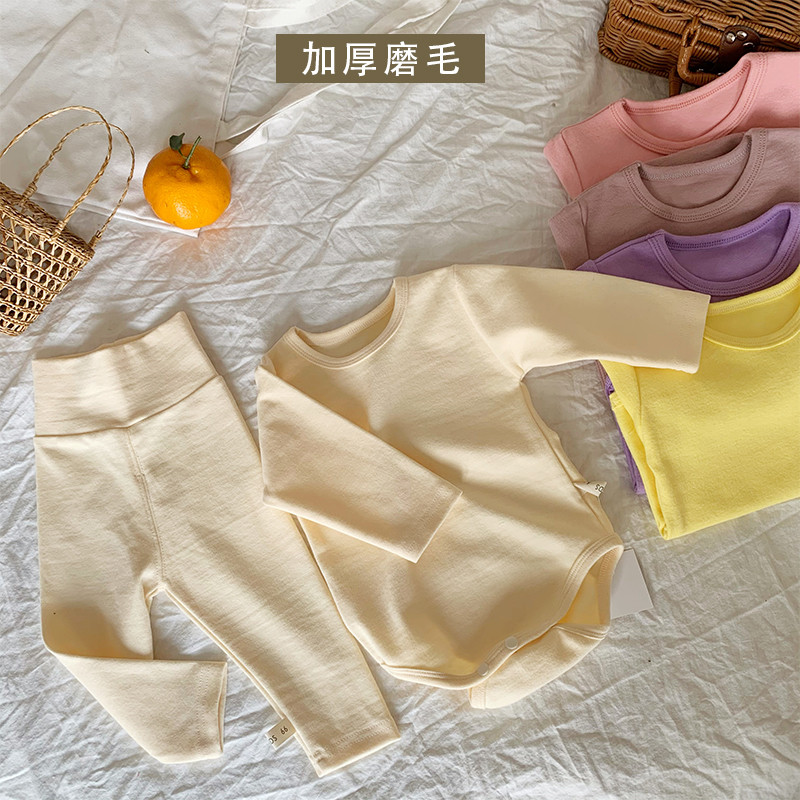 加厚磨毛纯棉婴幼儿爬服+护肚裤套装男女宝宝三角连体衣打底裤暖
