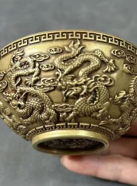 黄铜九龙腾云碗摆件客厅玄关家居办公室装饰聚财礼品中式家居摆件